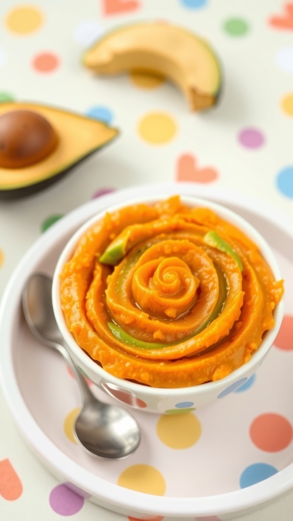 A bowl of sweet potato and avocado mash for baby-led weaning, with a spoon beside it on a colorful plate.